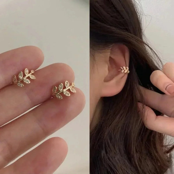 Sterling Silver Diamond Leaf Ear Cuffs Gold Silver - Picture 2 of 12